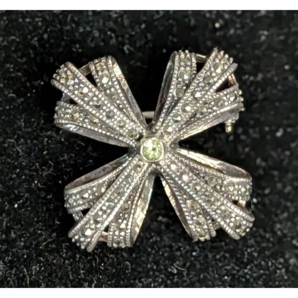 Vintage Sterling Silver 925 Marcasite Brooch Pin Green Gem Stone Peridot manly - Picture 8 of 12